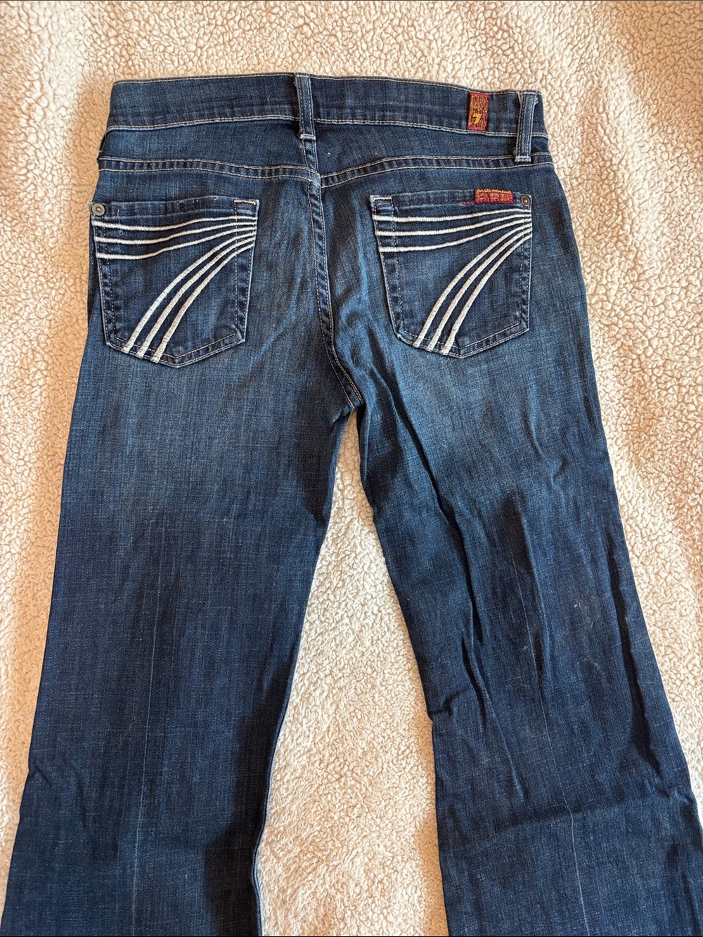 7 For All Mankind Dark Blue Bootcut Jeans with White Pocket Stitching